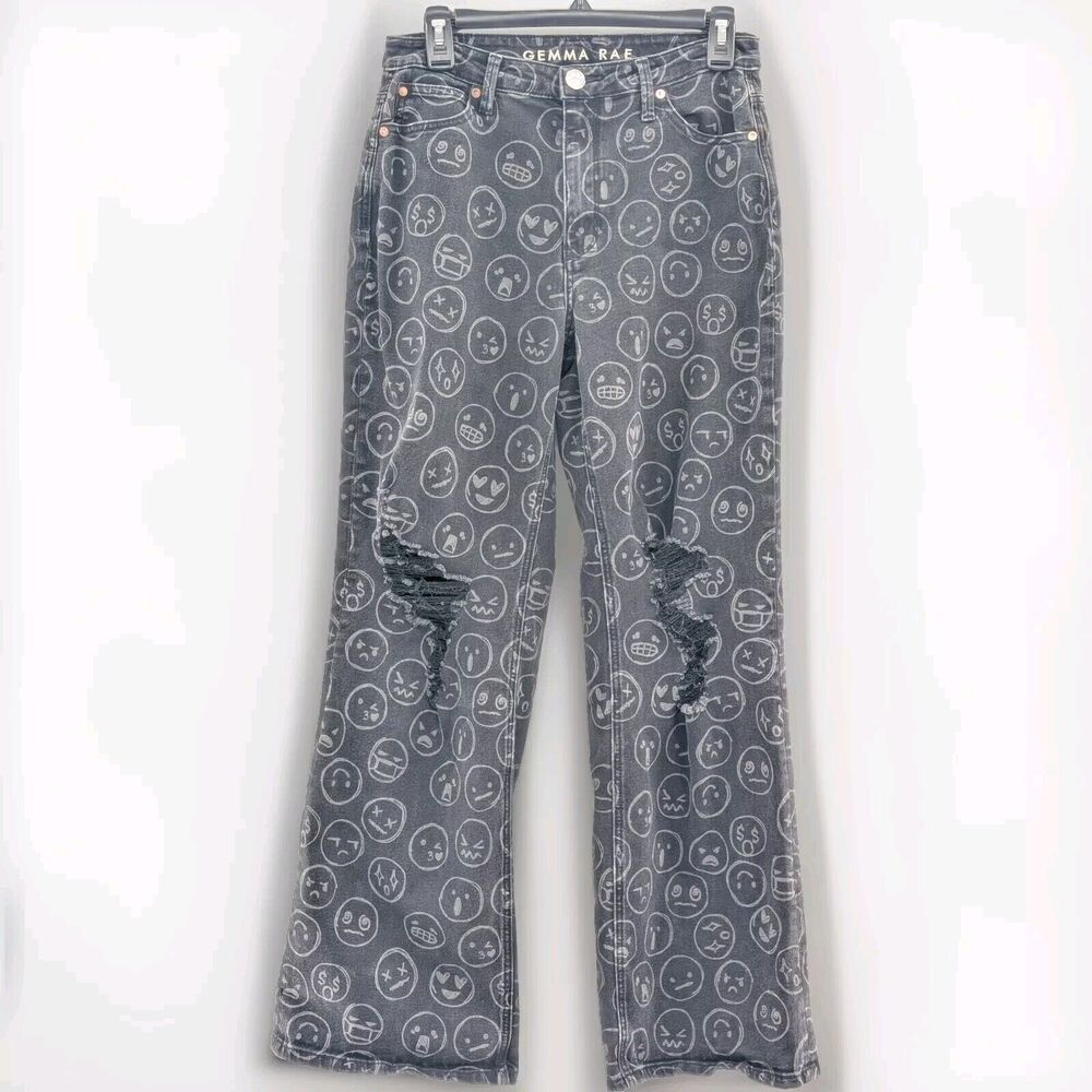 Gemma Rae Smiley Face Black Distressed High Rise Wide Leg Flare Jeans Size 9/29